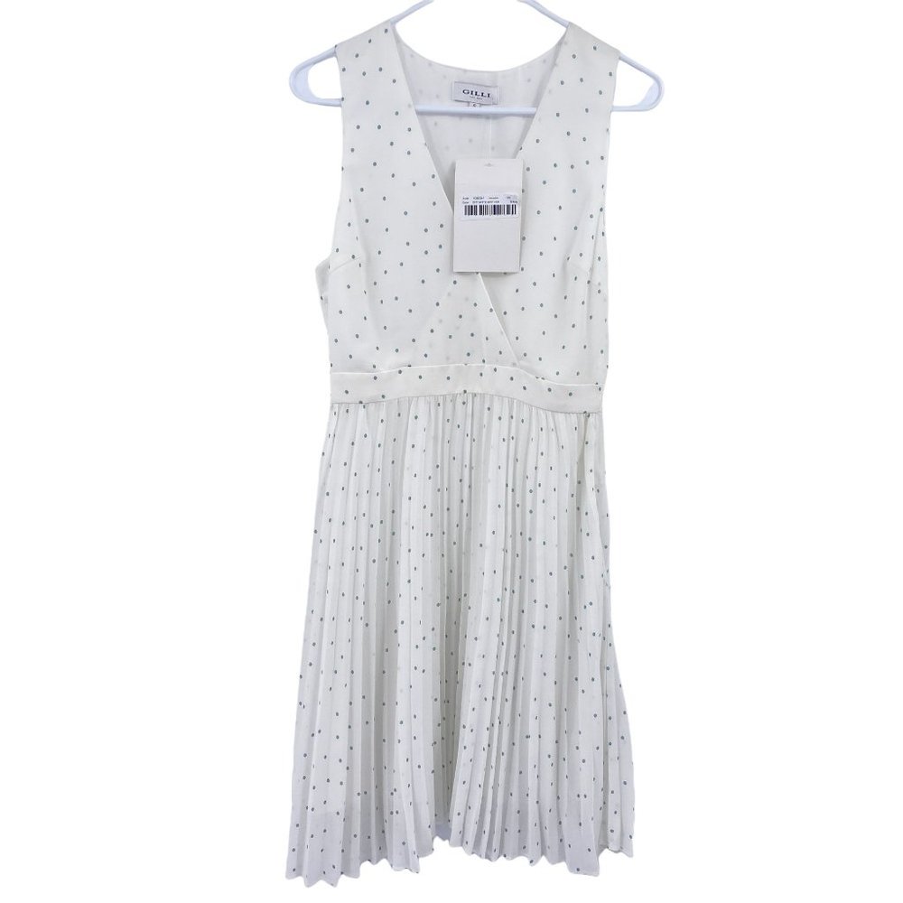 Gilli polka dot v neck wrap bust dress size small accordion pleated skirt sleeve